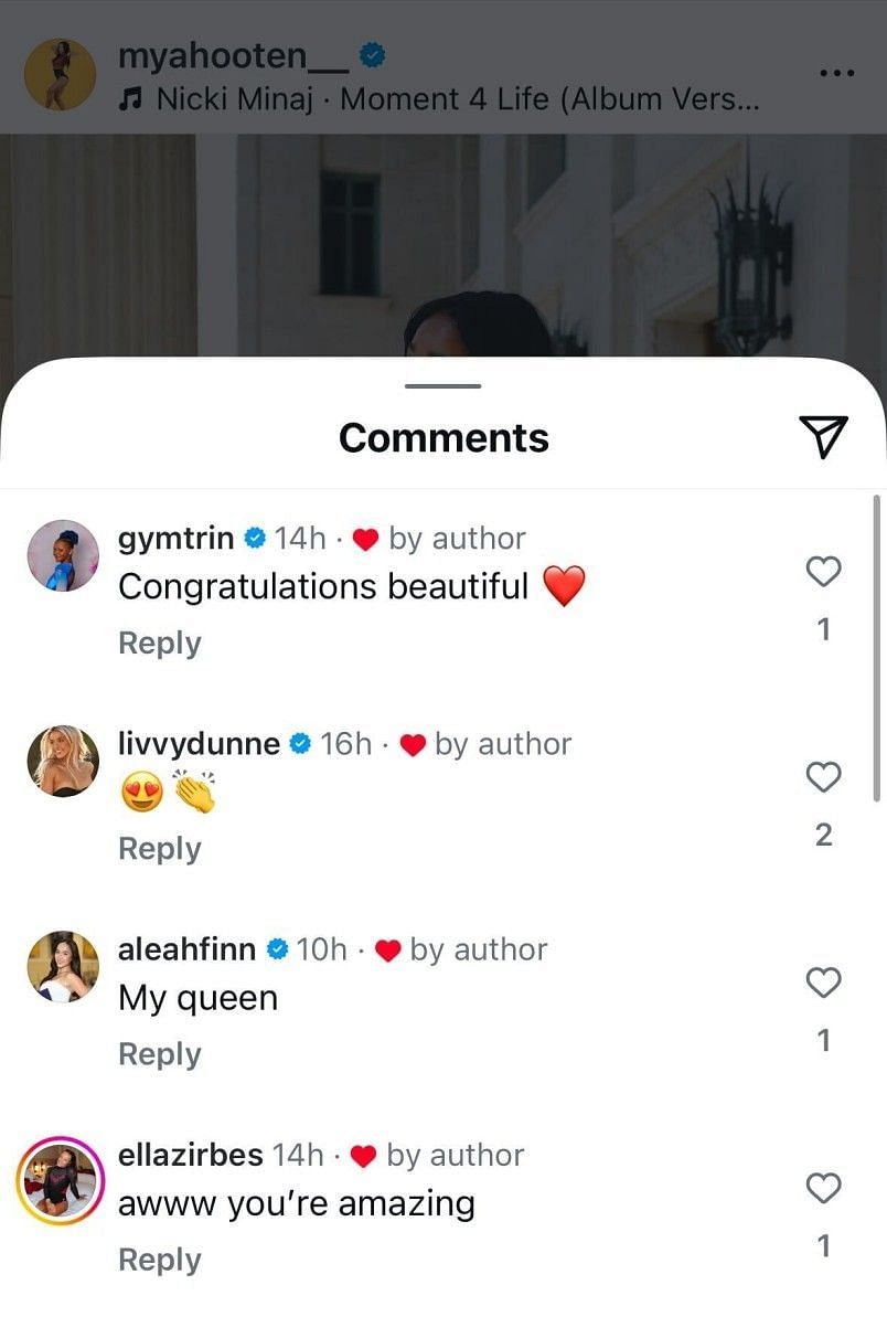 Screenshot of Olivia Dunne's and Aleah Finnegan's comment on Mya Hooten's post (@myahooten__/ig)